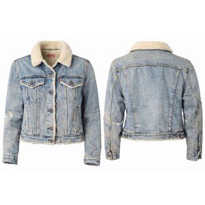 Levi’s Women Sherpa Lined Denim Trucker Jacket Distressed Rugged Warm L Vintage